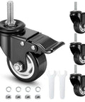 3 Inch Heavy Duty Caster Wheels Set Of 4 With Threaded Stem For Furniture And Workbenches Half Inch Diameter And 13 Threads Per Inch Locking Casters Non Marking PU Wheels Smooth Rolling Industrial Castors Each Up To 400 Pounds, showing black caster wheels with metal stem and locking mechanism, nuts, and wrenches included.