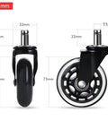 Front and side view of Heavy Duty 3 Inch Rubber Caster Wheels with 11mm stem, displaying dimensions and swivel design for furniture.