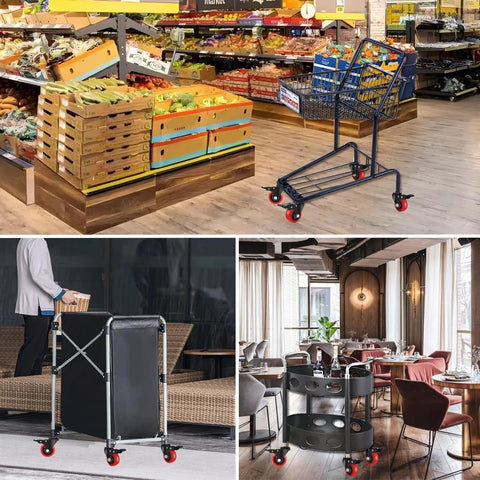 Three Inch Stem Caster Wheels Swivel With Double Locking Design on carts in a grocery store, laundry cart, and restaurant setup