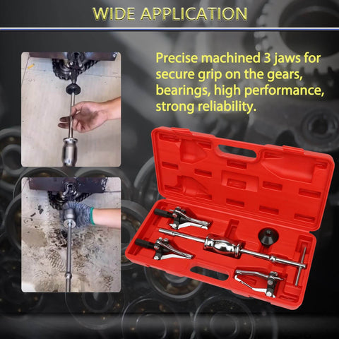 Beefy 3 Jaw Gear Bearing Slide Hammer Puller Set in red case showing tools for internal and external removal applications.