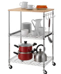 Heavy Duty 3 Tier Rolling Kitchen Cart Workhorse With Oak Wood Top And Drawer Slider Chrome Finish Four Wheels Hooks For Utensils 300 Lb