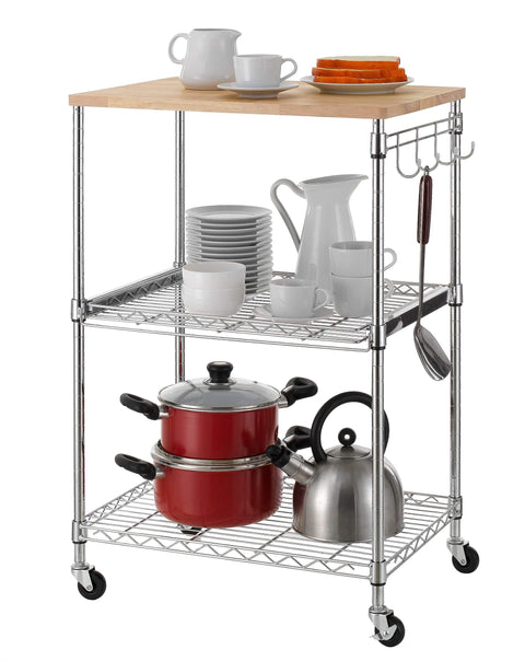 Heavy Duty 3 Tier Rolling Kitchen Cart Workhorse With Oak Wood Top And Drawer Slider Chrome Finish Four Wheels Hooks For Utensils 300 Lb