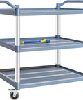 Heavy Duty 3 Tier Plastic Utility Cart With Wheels For Commercial Kitchen Office And Catering Thirty Nine And A Half Inch Long By Nineteen And A Quarter Inch Wide Rolling Service Cart With Lockable Wheels Six Hundred Pound Capacity Durable Transport Cart