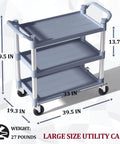 Heavy Duty 3 Tier Plastic Utility Cart With Wheels For Commercial Kitchen Office And Catering Thirty Nine And A Half Inch Long By Nineteen And A Quarter Inch Wide Rolling Service Cart With Lockable Wheels Six Hundred Pound Capacity Durable Transport Cart
