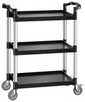 Heavy Duty 3 Tier Utility Cart with 360 Degree Swivel Wheels and Brakes, 300 Lb Load Capacity, shown in black with raised edges.
