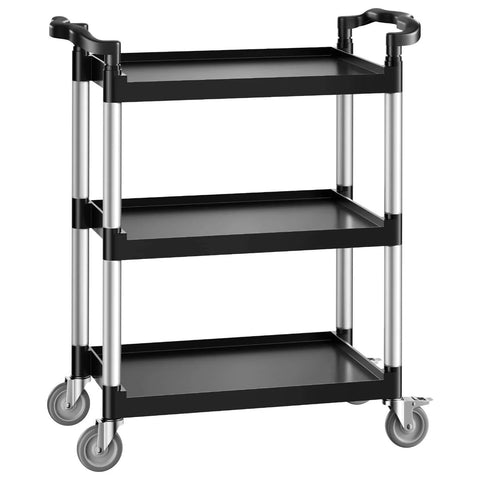 Heavy Duty 3 Tier Utility Cart with 360 Degree Swivel Wheels and Brakes, 300 Lb Load Capacity, shown in black with raised edges.