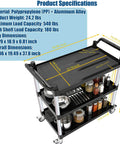 Heavy Duty Three Tier Rolling Utility Cart With Four Anti Tangling Lockable Quiet Casters And 540 Pound Capacity For Restaurant Office Warehouse Hotel And School Use Black 40 Inch Long By 19.5 Inch Wide By 37.8 Inch High with items on shelves
