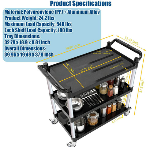 Heavy Duty Three Tier Rolling Utility Cart With Four Anti Tangling Lockable Quiet Casters And 540 Pound Capacity For Restaurant Office Warehouse Hotel And School Use Black 40 Inch Long By 19.5 Inch Wide By 37.8 Inch High with items on shelves