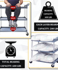Heavy Duty 3 Tier Plastic Utility Cart With Wheels For Commercial Kitchen Office And Catering Thirty Nine And A Half Inch Long By Nineteen And A Quarter Inch Wide Rolling Service Cart With Lockable Wheels Six Hundred Pound Capacity Durable Transport Cart with three trays and weight demonstration.
