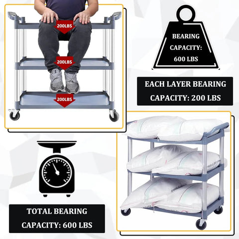 Heavy Duty 3 Tier Plastic Utility Cart With Wheels For Commercial Kitchen Office And Catering Thirty Nine And A Half Inch Long By Nineteen And A Quarter Inch Wide Rolling Service Cart With Lockable Wheels Six Hundred Pound Capacity Durable Transport Cart with three trays and weight demonstration.