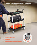 Heavy Duty 3 Tier Utility Cart With 360 Degree Swivel Wheels And Brakes, 300 Lb Load Capacity, shown with tools loaded