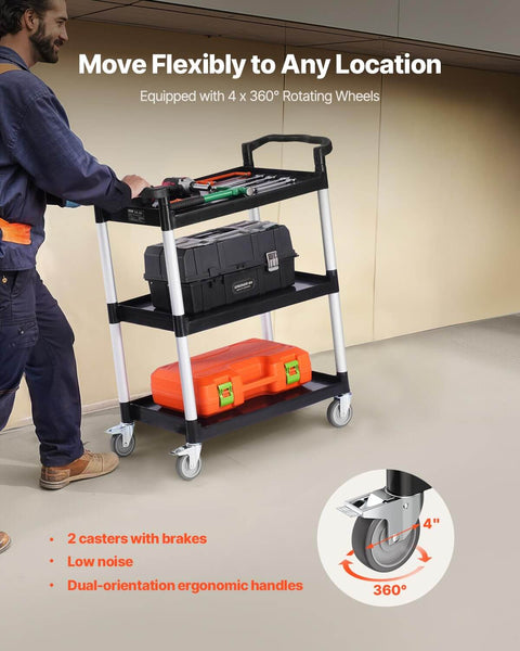 Heavy Duty 3 Tier Utility Cart With 360 Degree Swivel Wheels And Brakes, 300 Lb Load Capacity, shown with tools loaded