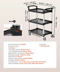 Heavy Duty 3 Tier Utility Cart With 360 Degree Swivel Wheels And Brakes, 300 Lb Load Capacity, 34.65 Inch Tall, black color