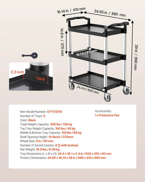 Heavy Duty 3 Tier Utility Cart With 360 Degree Swivel Wheels And Brakes, 300 Lb Load Capacity, 34.65 Inch Tall, black color