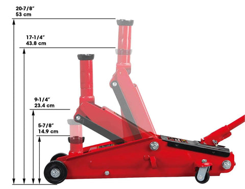 Beefy 3 Ton Hydraulic Trolley Floor Jack With Extra Saddle For SUVs And Extended Height Trucks A Heavy Duty Service Jack Side View
