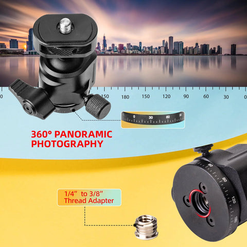 Heavy Duty Ball Head Mount with Built In Three Eighths to One Quarter Inch Adapter, 360 Degree Panoramic Metal Camera Mount