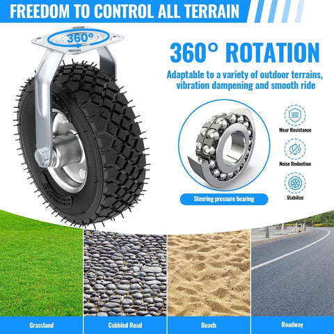 360-degree rotating 10 inch pneumatic caster set of 4 with swiveled and rigid casters for versatile outdoor terrain use.