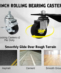 Close-up of Heavy Duty Black Car Dollies Set Of 4 For Moving Cars with 3 inch casters showing terrain options: asphalt, cement, smooth ground.