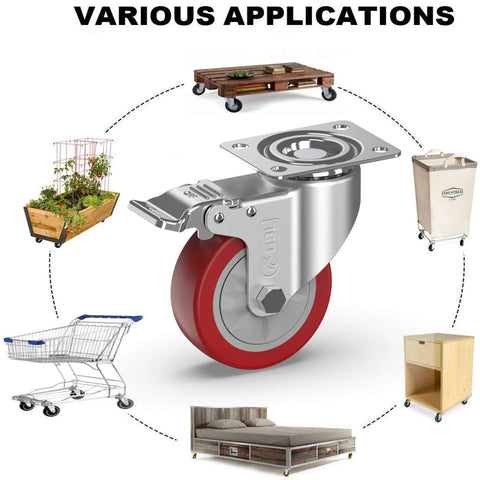4 Inch Heavy Duty Caster Wheels With Brakes And Screws Set Of Four Silent Rubberized Castors Up To 1320 Lbs Capacity showing various applications