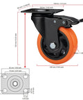 4" Caster Wheels, Heavy Duty Set of 4 - Orange Polyurethane Top Plate Swivel Casters, Industrial 4-Pack with Brake, Locking Wheels for Furniture and Workbench