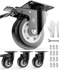 Heavy Duty 4 Inch Plate Caster Wheels With Polyurethane No Noise Premium Double Ball Bearing Steel Locking Swivel Casters 330 Lbs Per Caster Pack Of 4 Two Swivel Dual Locking And Two Swivel Black, shown with installation accessories and gloves.