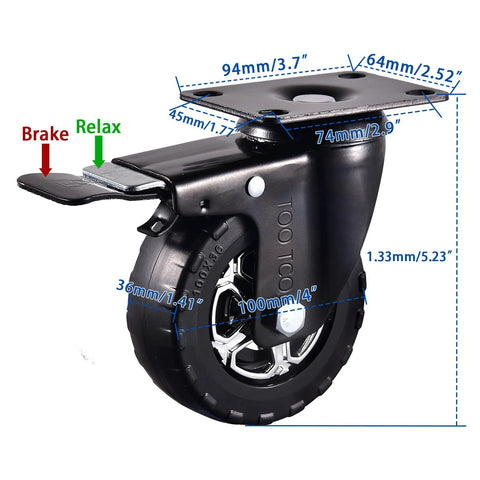 Heavy Duty 4 Inch Swivel Casters Set Of 4 With Brakes, 2200 Lb Capacity, Silent Swivel Wheel with Elastic Rubber Lock, Industrial Plate Castor
