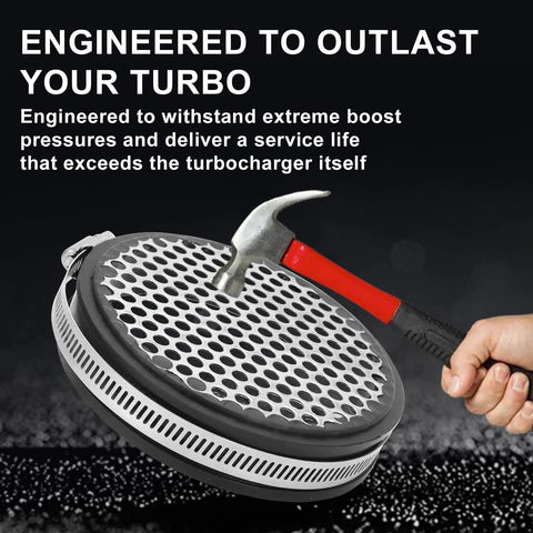 4-Inch Universal Turbo Inlet Grill For 102mm Turbos shown with hammer demonstrating durability and debris protection.