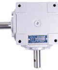 Heavy Duty 40 HP Right Angle Bevel Gearbox 1:1 1800 RPM Crosshole Keyed Shaft, top view showing mounting holes and two shafts