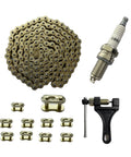 Heavy Duty 420 Motorcycle Chain Kit With 132 Link Standard Chain Breaker And 10 Master Links For 100cc 110cc 125cc Dirt Pit Bike ATV Quad Go Kart Mini Bike Scooter LKSM Gold For Off Road Use And Racing Ready, featuring chain, breaker, master links, and spark plug.