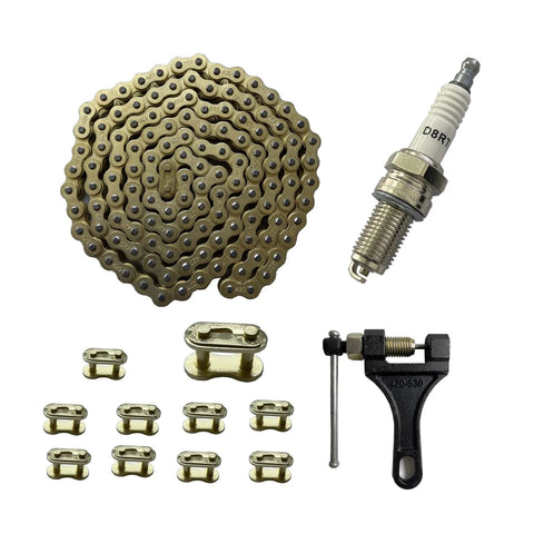 Heavy Duty 420 Motorcycle Chain Kit With 132 Link Standard Chain Breaker And 10 Master Links For 100cc 110cc 125cc Dirt Pit Bike ATV Quad Go Kart Mini Bike Scooter LKSM Gold For Off Road Use And Racing Ready, featuring chain, breaker, master links, and spark plug.