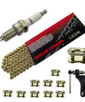 Heavy Duty 420 Motorcycle Chain Kit With 132 Link Standard Chain Breaker And 10 Master Links For 100cc 110cc 125cc Dirt Pit Bike ATV Quad Go Kart Mini Bike Scooter LKSM Gold For Off Road Use And Racing Ready product laid out with gold chain, spark plug, and tools.