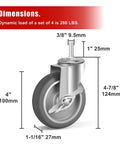 Heavy Duty 4 Inch Caster Wheels With Brakes Set Of 4, 3/8-16 Threaded Stem 1 Inch Long, TPR Soft Quiet Swivel Casters