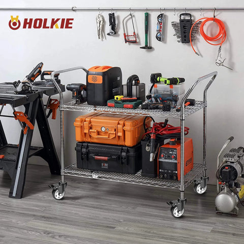 Heavy-duty cart with tools on 4 inch total locking stem caster wheels, steel housing, in workshop setting.