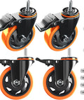 4 Inch Heavy Duty Stem Caster Wheels Set Of 4 With Dual Locking Brakes For Cart And Furniture, 2000 Lb Total Capacity, Threaded Stem Half Inch 13 By 1, Swivel Industrial Casters With Steel Housing Ball Bearings Electrophoresis Plated, displayed with tools and bolts.