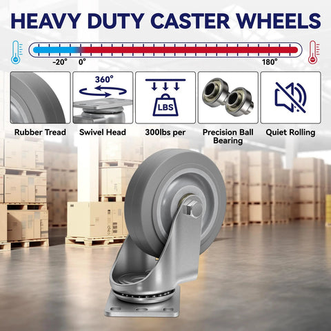 Heavy Duty 4 Inch Caster Wheels Set Of 4 For Cart And Workbench Non Marking Rubber Casters With 1200 Pounds Capacity Includes 2 Swivel