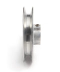 Side view of Heavy Duty 4 Inch V Groove Drive Pulley for 4L Belts with 5/8 Inch Bore, made from die cast Z3A zinc alloy.