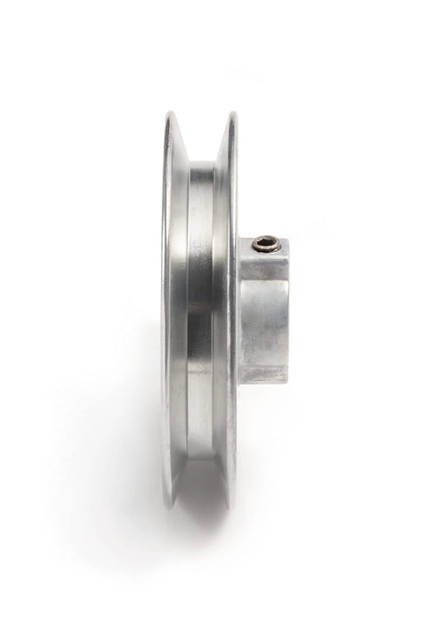Side view of Heavy Duty 4 Inch V Groove Drive Pulley for 4L Belts with 5/8 Inch Bore, made from die cast Z3A zinc alloy.