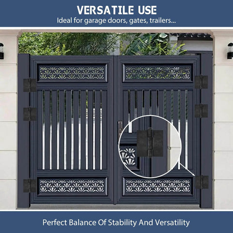 Close-up of 6 Pcs Weld On Hinges Heavy Duty 4" x 4", MOZCORN Weldable Butt Hinges on stylish gate, showing versatile use.