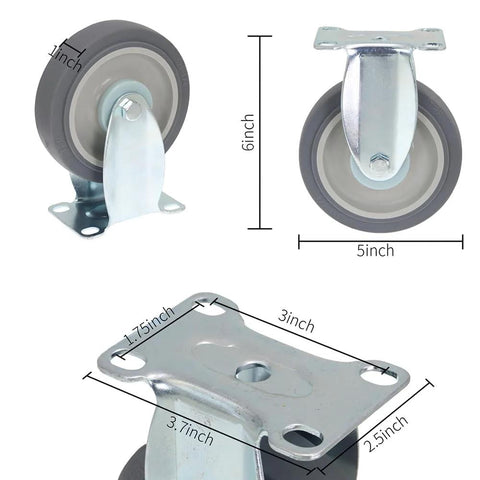 Heavy Duty 5 Inch Caster Wheels Set Of Four Non Marking Premium Commercial Grade With Two Rigid And Two Swivel Brakes, dimensions shown