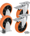 Five Inch Caster Wheels Set Of Four With Two Swivel Casters With Brakes And Two Rigid Casters For Flexible Mobility 360 Degree Rotating Lockable Plate Caster Wheels For Workbench Cart And Furniture Load Capacity 2400 Pounds, shown with orange and black wheels, metal mounts.