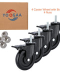 Five Inch Stem Caster Wheels With Dual Locking Brakes, 4-pack, threaded nuts included, shown with packaging