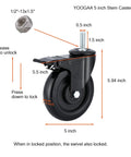 Five Inch Stem Caster Wheels With Dual Locking Brakes Heavy Duty 1500 Pound Capacity, dimensions labeled, swivel caster detail