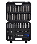 Heavy Duty 50 Piece Nut Socket Set For Strut Mounts And Shock Absorbers All In One Auto Tool Kit Pro Grade With 29 Counterholding Bits And 2 Strut Tools in open case displaying tools.