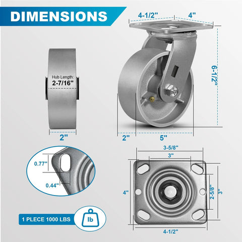 Industrial 5 By 2 Inch Heavy Duty Casters Set Of 4 With Cast Iron Hubs And Steel Wheels Up To 4000 Lb Capacity dimensions