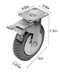 6 Inch Heavy Duty Plate Casters Set Of 4 With 360 Degree Swivel And Ball Bearing For Quiet Operation 200 Kg Per Wheel 600 Kg Total Load Rust Proof PU Wheel And Iron Bracket 2 With Brake Lock And 2 Without, side view of single caster with dimensions