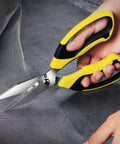 Heavy Duty 8 Inch Utility Scissors With Serrated Blades cutting mesh, yellow and black ergonomic handle, multipurpose shears