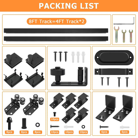 8Ft Box Rail Exterior Barn Door Hardware Kit with heavy-duty black components, 2-track system, tools, and screws visible