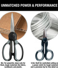 Heavy Duty Scissors Set Of 3 Commercial Grade Stainless Steel Shears; 8-inch and 5.5-inch scissors cutting cardboard and wire