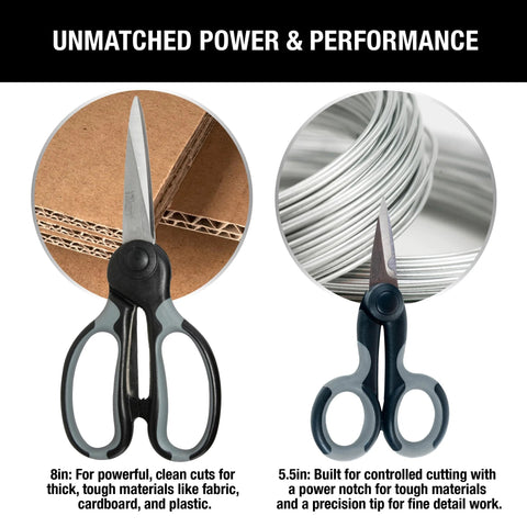 Heavy Duty Scissors Set Of 3 Commercial Grade Stainless Steel Shears; 8-inch and 5.5-inch scissors cutting cardboard and wire