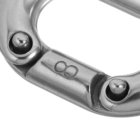 Stainless steel 8mm chain quick link connector for boat anchor repair, close-up view.